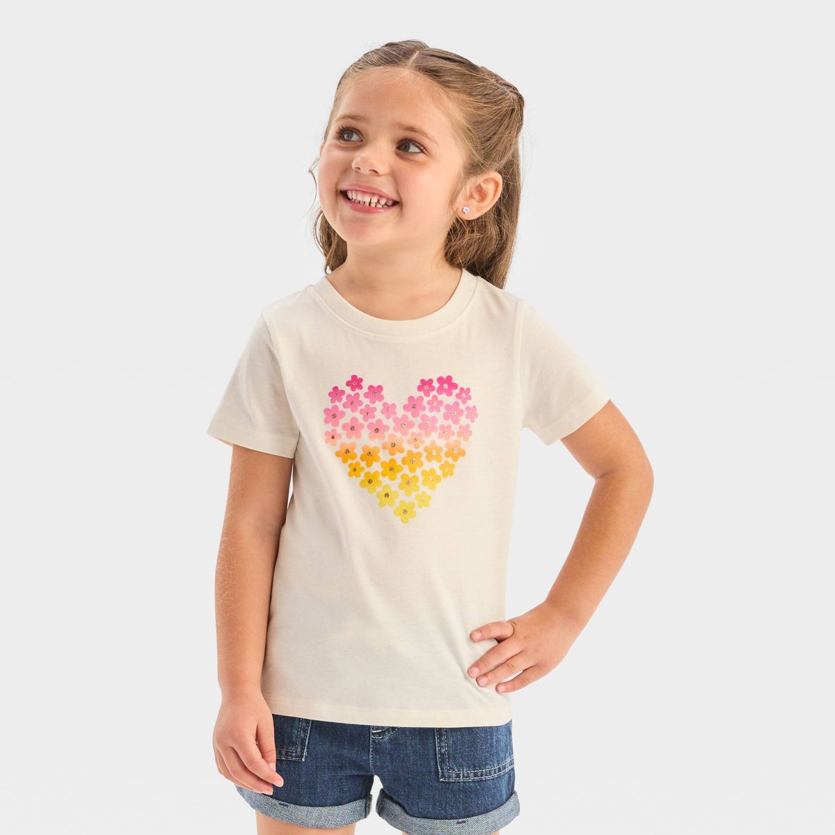 Toddler Girls' Floral Heart Short Sleeve T-Shirt - Cat & Jack™ Cream 4T: Ombre Yellow & Pink, L... | Target