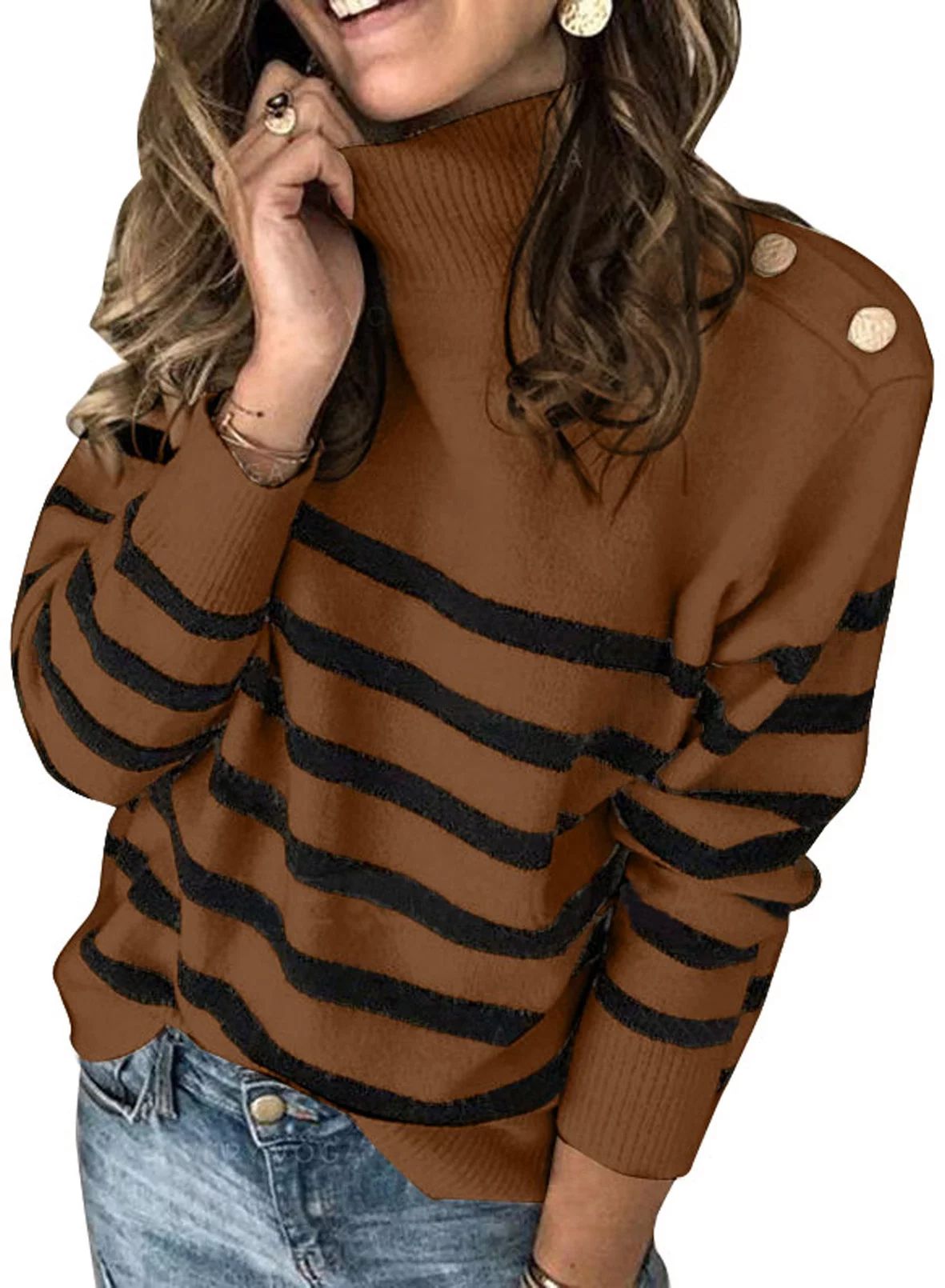 Blencot Striped Turtleneck Button Knit Sweaters for Women Lightweight Long Sleeve Knit Pullover J... | Walmart (US)