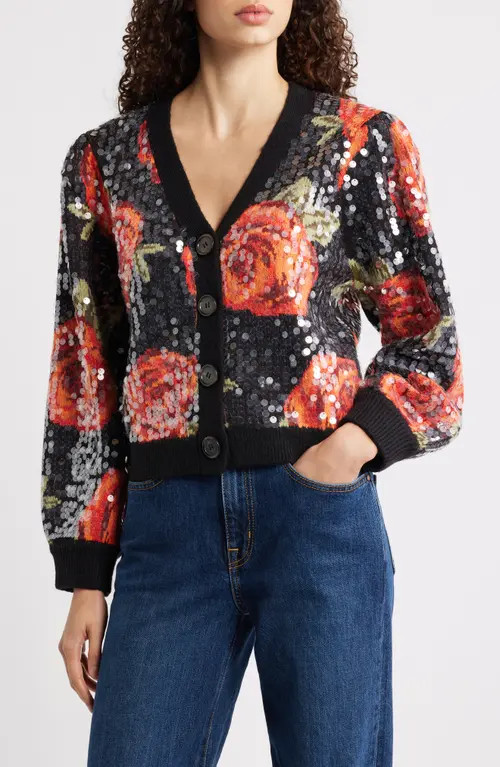 FARM Rio Latin Roses Sequin Knit Cardigan in Black at Nordstrom, Size Large | Nordstrom
