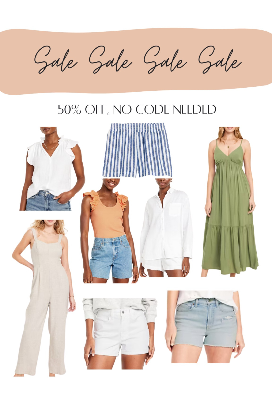 Old navy sale - Memorial Day weekend sale. 50% off almost everything. No code needed. Everything in post is less than $25.
White flutter top, striped shorts, jean shorts, affordable Jean shorts, linen jumpsuit, maxi dress, summer dress, summer outfit, linen shirt

#LTKSaleAlert #LTKSeasonal #LTKFindsUnder50