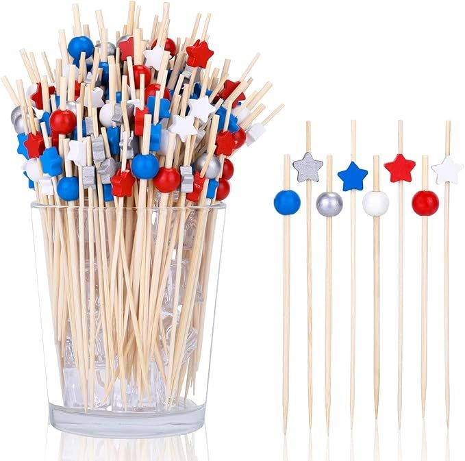 300 Counts Cocktail Picks, Red White Sliver and Blue Star Beads Wooden Party Toothpicks 4th of Ju... | Amazon (US)