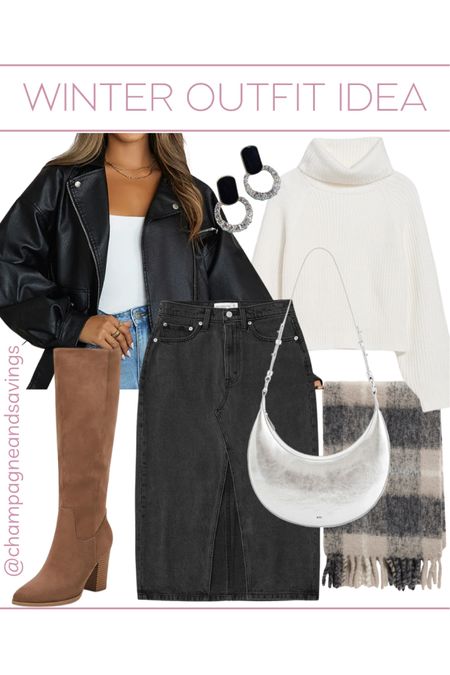 Denim midi skirt outfit idea for winter! Would make a great winter date night outfit, winter party outfit, going out outfits, dinner outfit and more! Featuring a chic black leather jacket, silver bag, tall brown boots, white sweater, silver earrings and plaid scarf.

#LTKSeasonal #LTKfindsunder50 #LTKstyletip