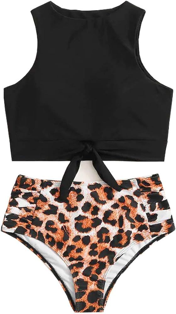 SOFIA'S CHOICE Women's High Waisted Bikini Set Tie Knot Front Crop Top Two Piece Swimsuits | Amazon (US)