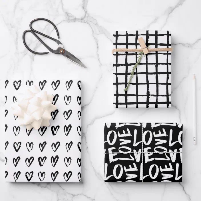 Black and White Hand Drawn Modern Hearts Love Wrapping Paper Sheets | Zazzle.com | Zazzle