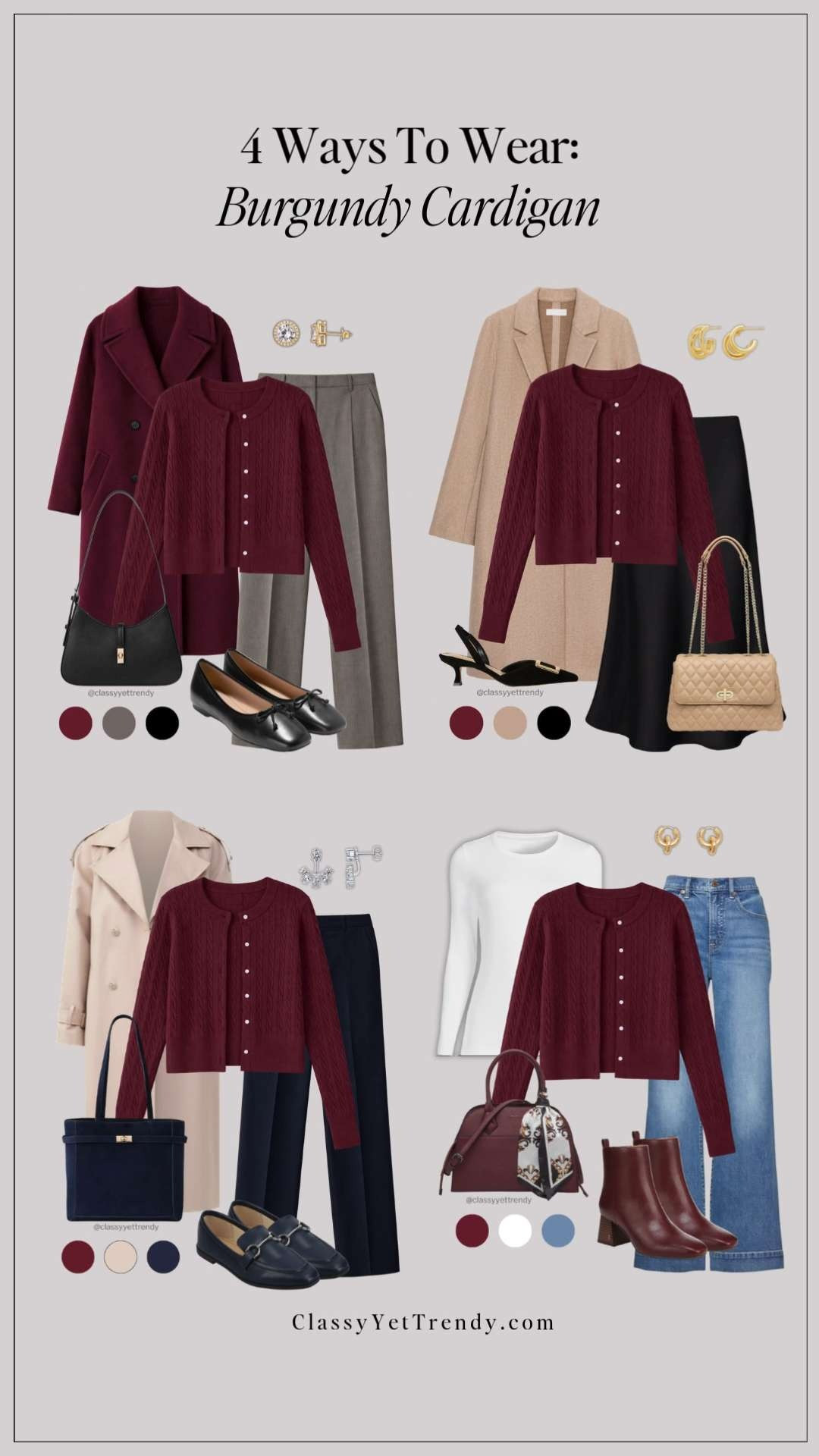4 Ways To Wear A Burgundy Cardigan 🎉 Affordable and budget friendly and comfortable! ✔️ You can look chic by wearing these classic and timeless outfits!

how to style, outfit ideas, elevated outfit, wardrobe essentials

#stylehacks #stylingtips #howtostyle #founditonamazon #classicoutfit 

 