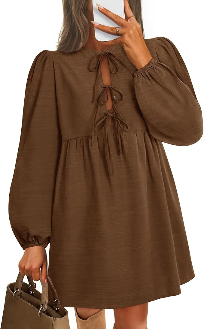 ZESICA Women's Dress Fall Long Puff Sleeve Self Tie Front Babydoll A Line Pleated Cute Mini Tunic... | Amazon (US)