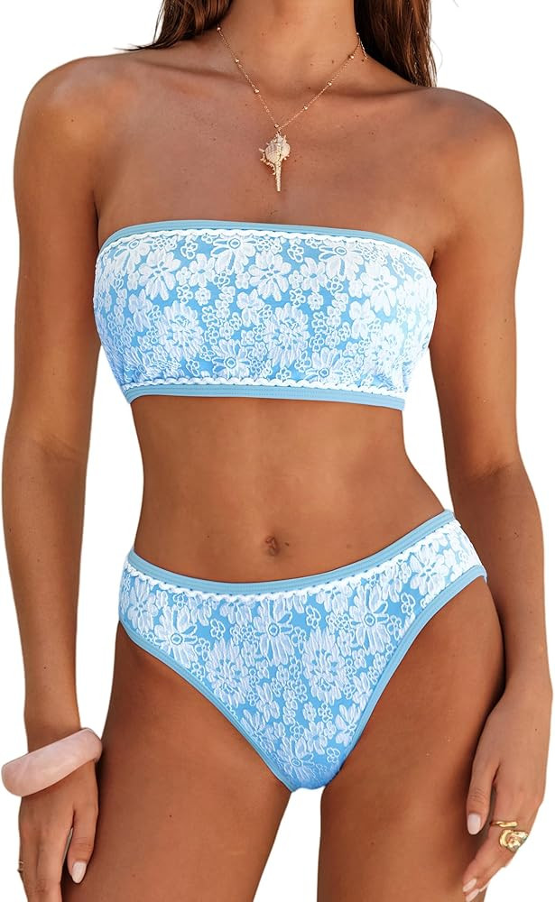ZAFUL Bikini Set for Women Strapless Textured Bandeau Bikini Two Piece Swimsuit Lace up Bathing S... | Amazon (US)