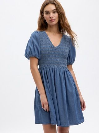 Denim Puff Sleeve Mini Dress with Washwell | Gap Factory