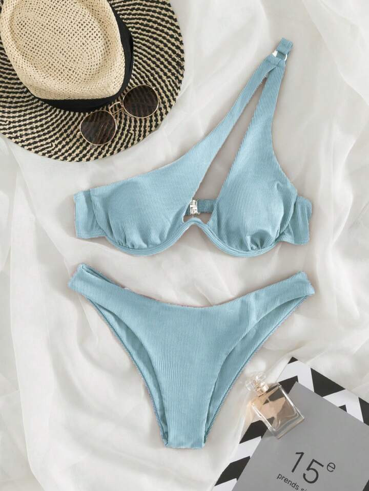 SHEIN Swim Basics Rib Underwire One Shoulder Bikini Swimsuit | SHEIN