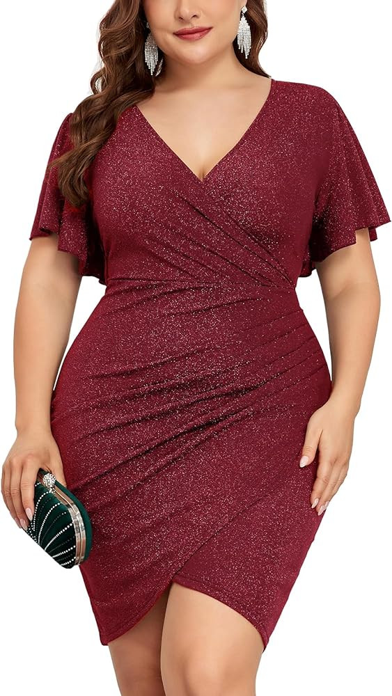 ZOMVA Plus Size 0X-4X Sparkly Glitter Ruched Bodycon Mini Dress Sparkle Sequin Wrap Ruffle Sleeve... | Amazon (US)