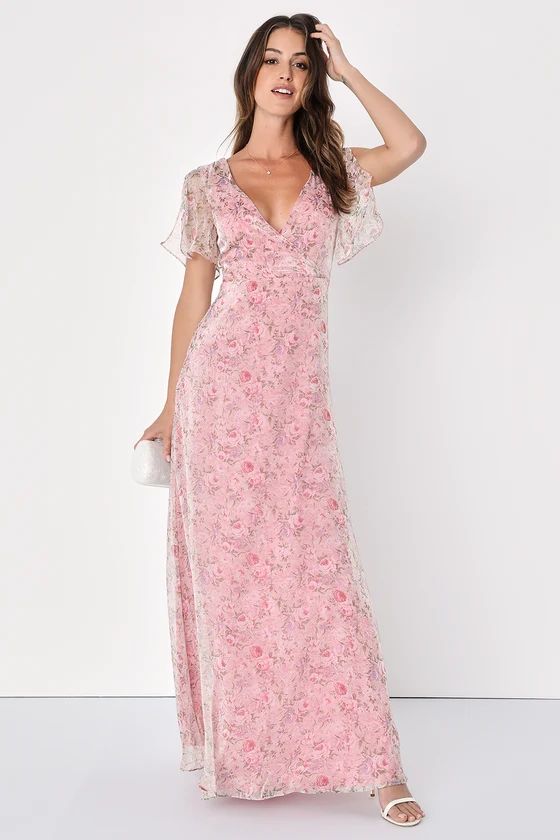 Dreamiest Desires Pink Floral Flutter Sleeve Organza Maxi Dress | Lulus (US)