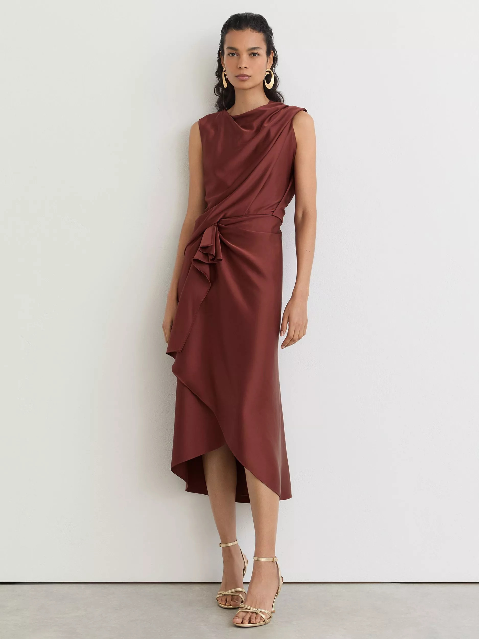Reiss Mabel Cowl Neck A Line Midi Dress, Rust Orange | John Lewis (UK)