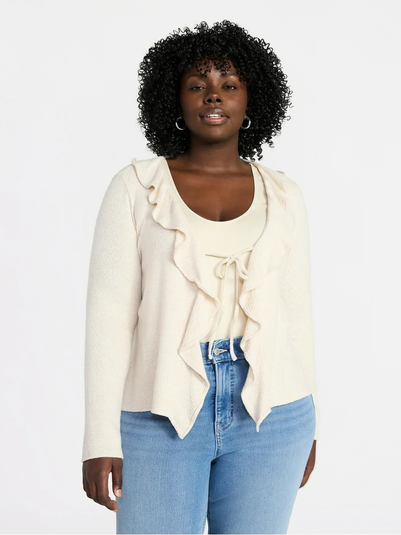 Terra & Sky Women’s Plus Tie Front Ruffle Cardigan Sweater, Sizes 0X-4X - Walmart.com | Walmart (US)