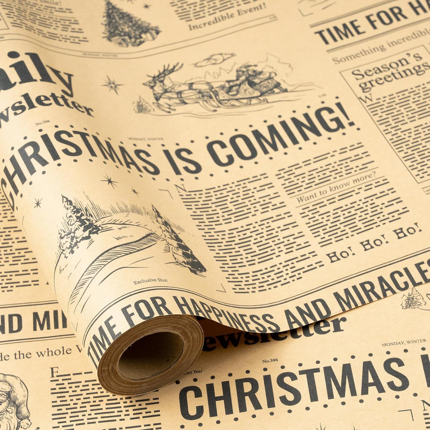 RUSPEPA Vintage Newspaper Christmas Wrapping Paper Roll, Mini Roll, CHRISTMAS IS COMING Headline with Christmas Tree and Festive Design, Fun Kraft Gift Wrap for Holiday Party, 17 Inches x 16.4 Feet | Amazon (US)