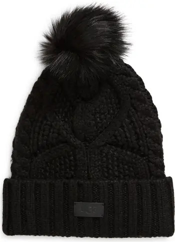 Faux Fur Pompom Cable Knit Beanie | Nordstrom