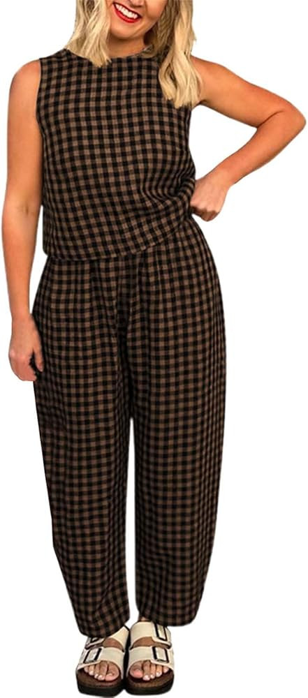 Womens Plaid 2 Pieces Lounge Pants Sets Y2K Sleeveless Gingham Crop Tank Top Outfits Baggy Wide L... | Amazon (US)
