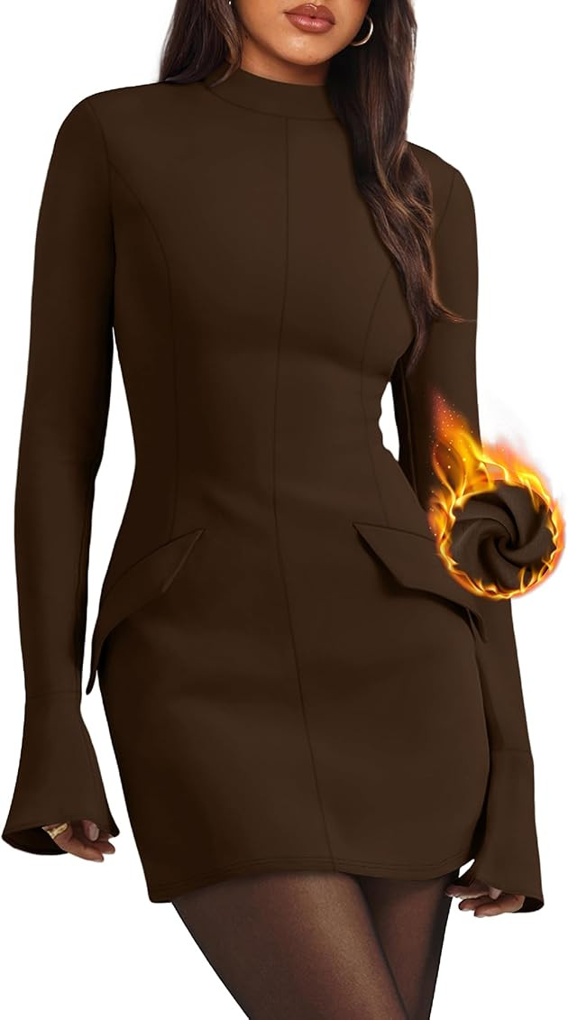 OFEEFAN Women's Fall Long Sleeve Mock Neck Dress Basic Party Club Bodycon Mini Dresses | Amazon (US)