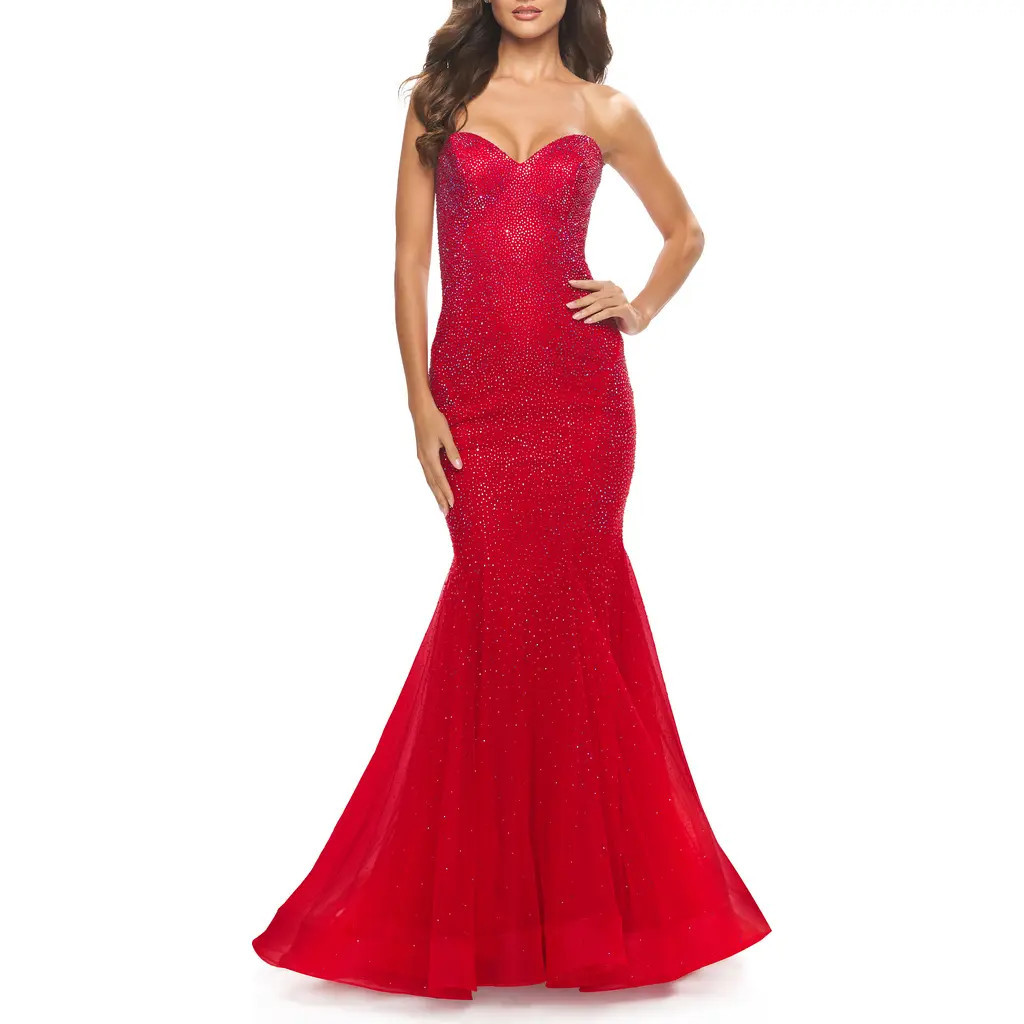 La Femme Rhinestone Mermaid Prom Dress with Sweetheart Neckline in Red at Nordstrom, Size 16 | Nordstrom
