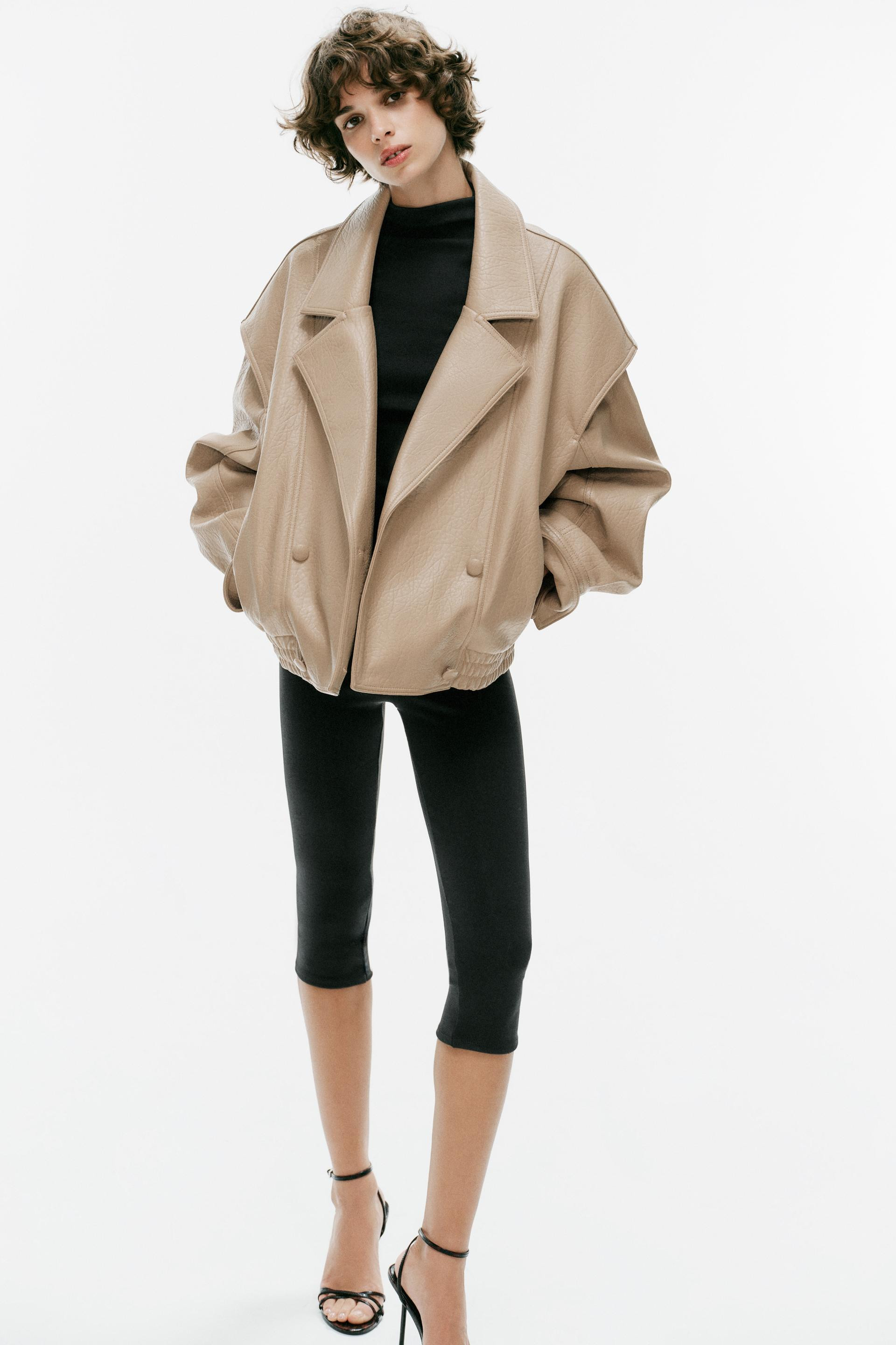 Zara - Faux Leather Bomber Jacket - Stone - M - Woman | Zara US