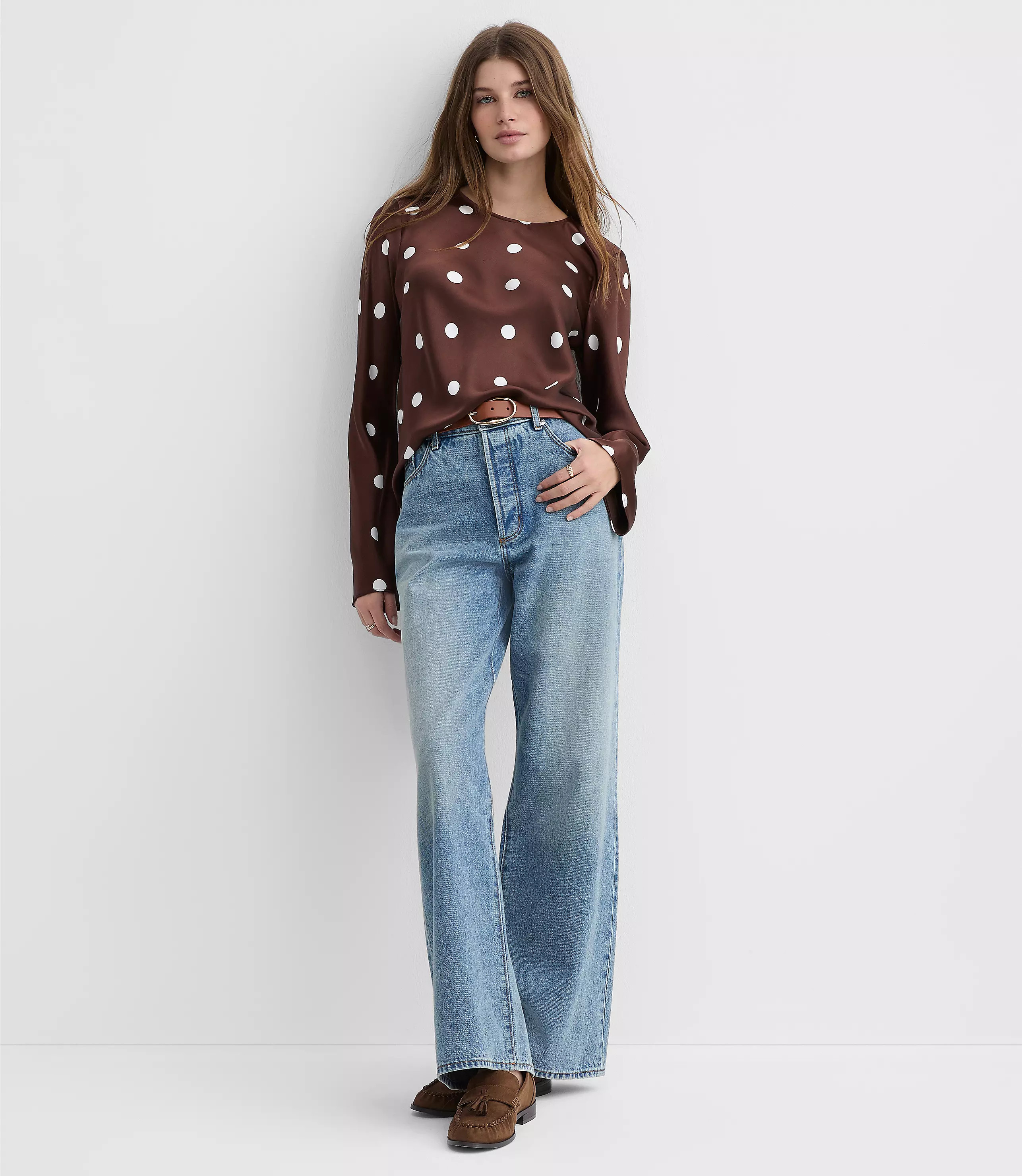 Dotted Satin Bell Sleeve Top | LOFT