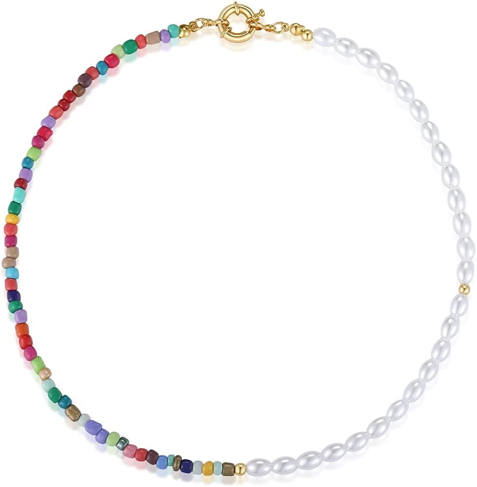 Dckazz Pearl Choker Colorful Beaded Necklace for Women Handmade Seed Bead Choker Bohemian Boho Je... | Amazon (US)