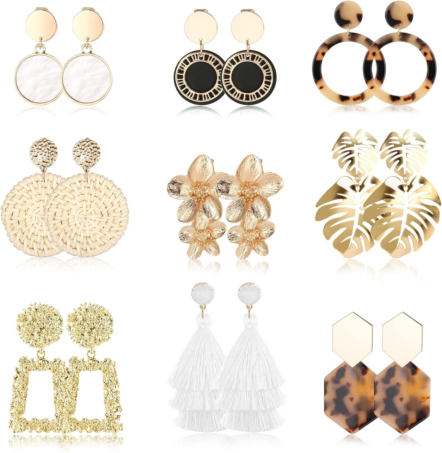 FINREZIO 9 Pairs Clip on Drop Earrings for Women Statement Rattan Resin Acrylic Drop Dangle Earri... | Amazon (US)