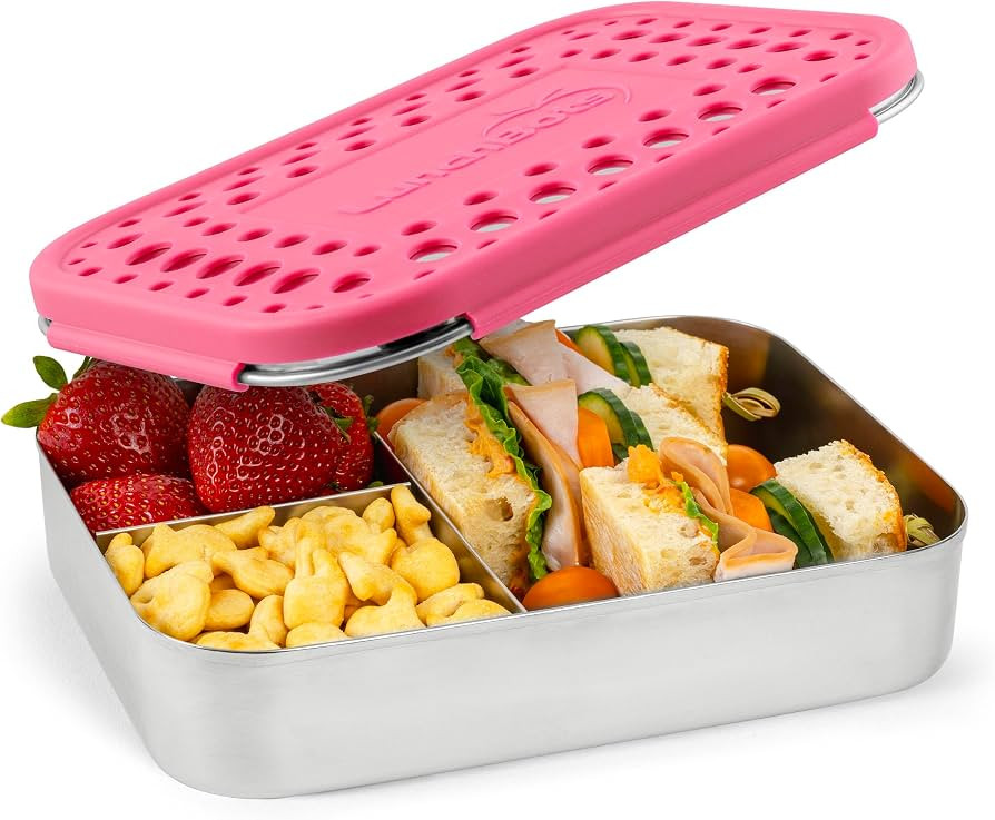 LunchBots Medium Trio Stainless Steel Kids Bento Box 3-Section Pink 32oz | Amazon (US)