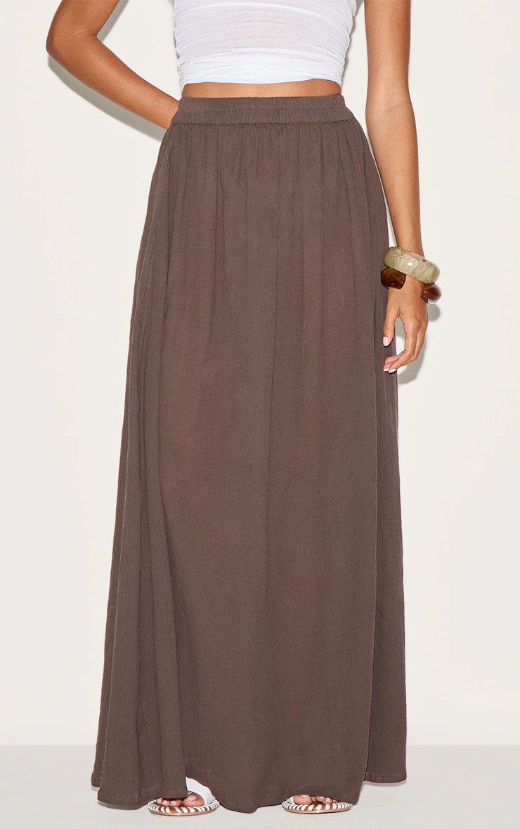 Dark Chocolate Cotton Cheesecloth Elasticated Waist Maxi Skirt | PrettyLittleThing UK