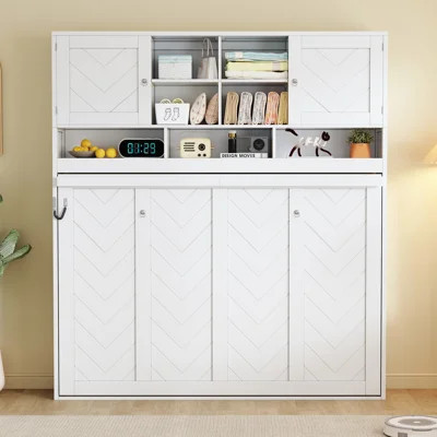Queen Size Wall Murphy Bed with Ample Storage Space and Chevron Stripes, White | Wayfair North America