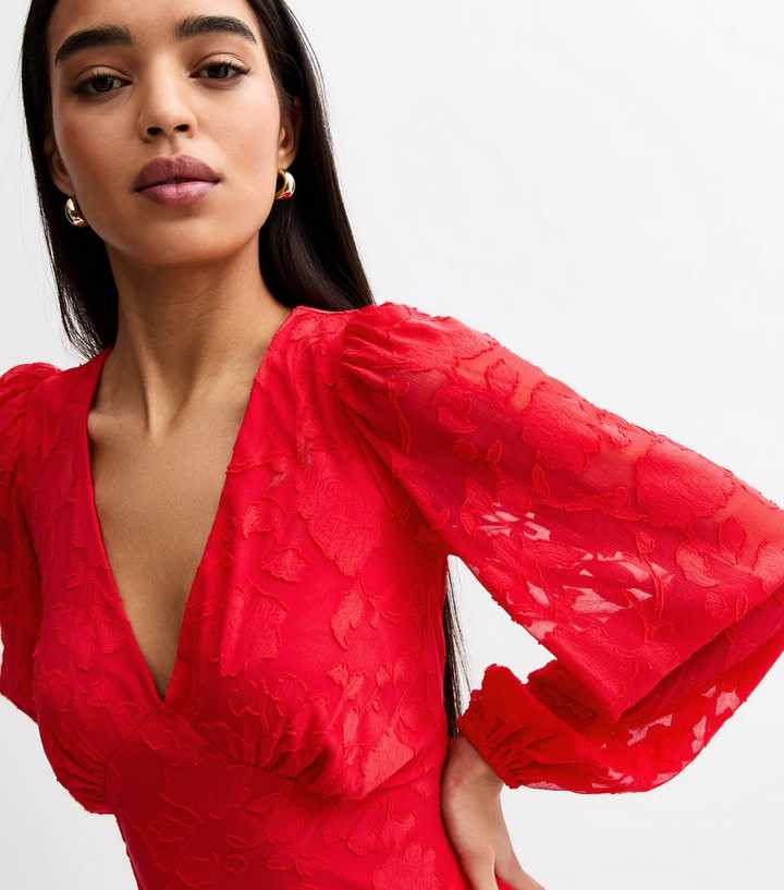 Red Floral Patterned Long Sleeve Midi Dress | New Look | New Look (UK)