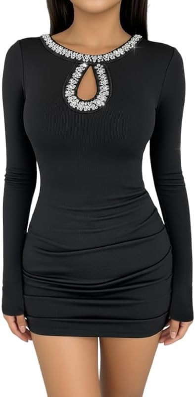 Long Sleeve Dress for Women Rhinestone Bodycon Dress Side Ruched Design Mini Going Out Dress | Amazon (US)