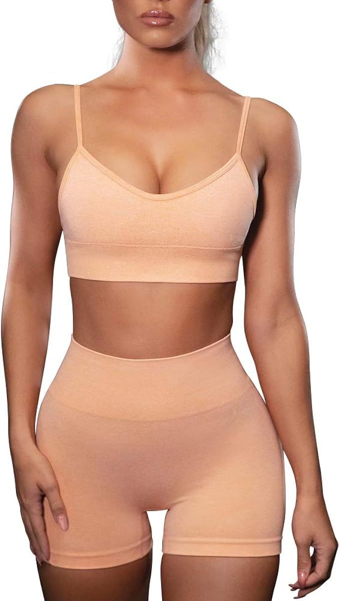 HANERDUN Yoga 2 Piece Outfit Workout Gym High Waist Leggings with Sport Bra Set for Women | Amazon (US)