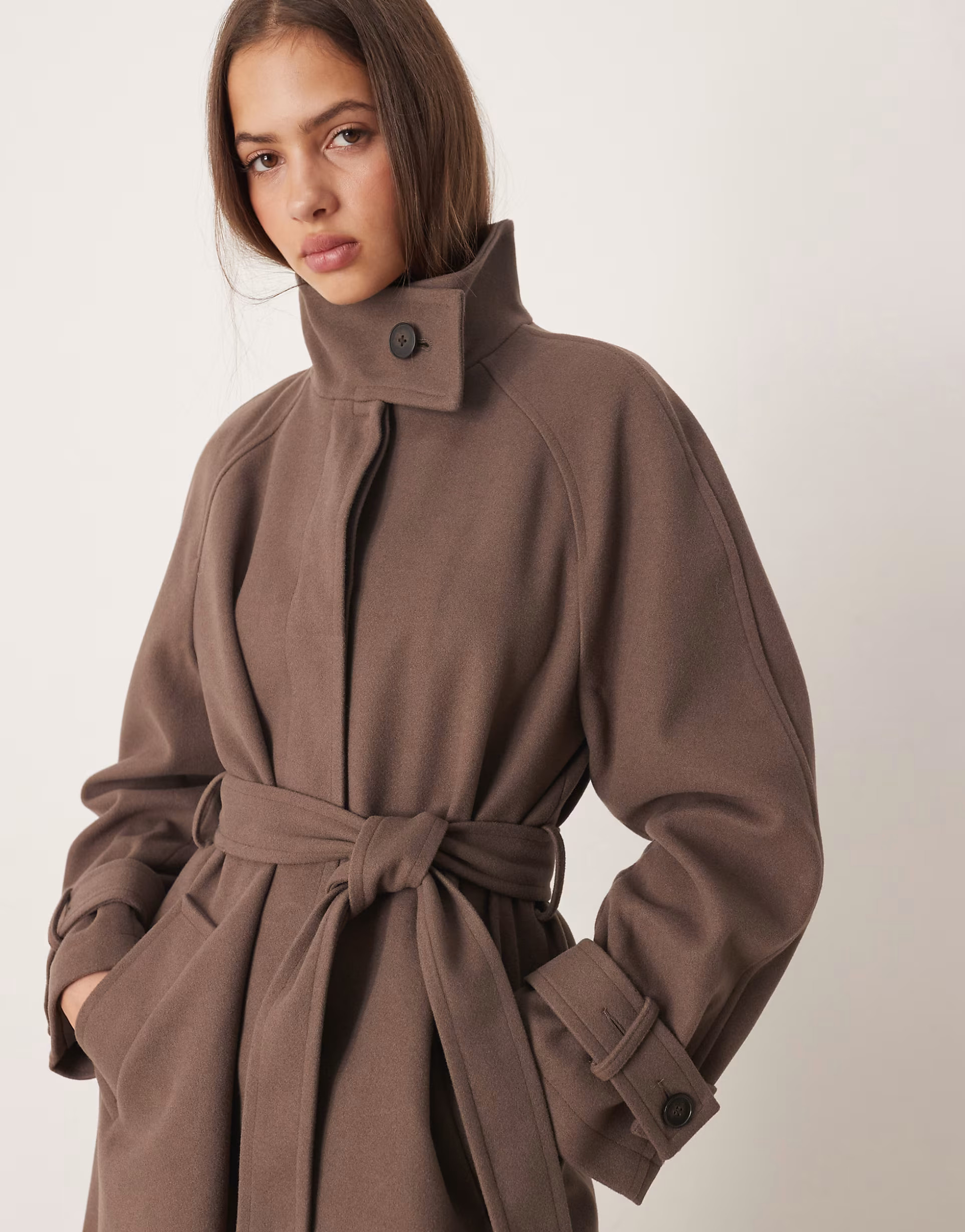 ASOS DESIGN funnel neck longline formal trench coat in mushroom | ASOS (Global)