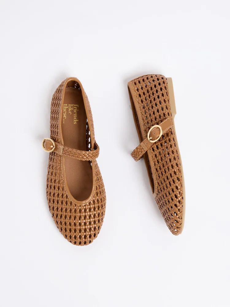 Friends Like These Tan Brown Faux Leather Weave Mary Jane Casual Flat Ballerina Shoes | Next US