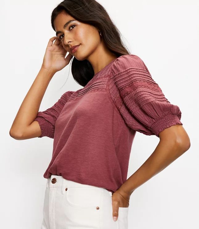 Lacy Puff Sleeve Mixed Media Top | LOFT