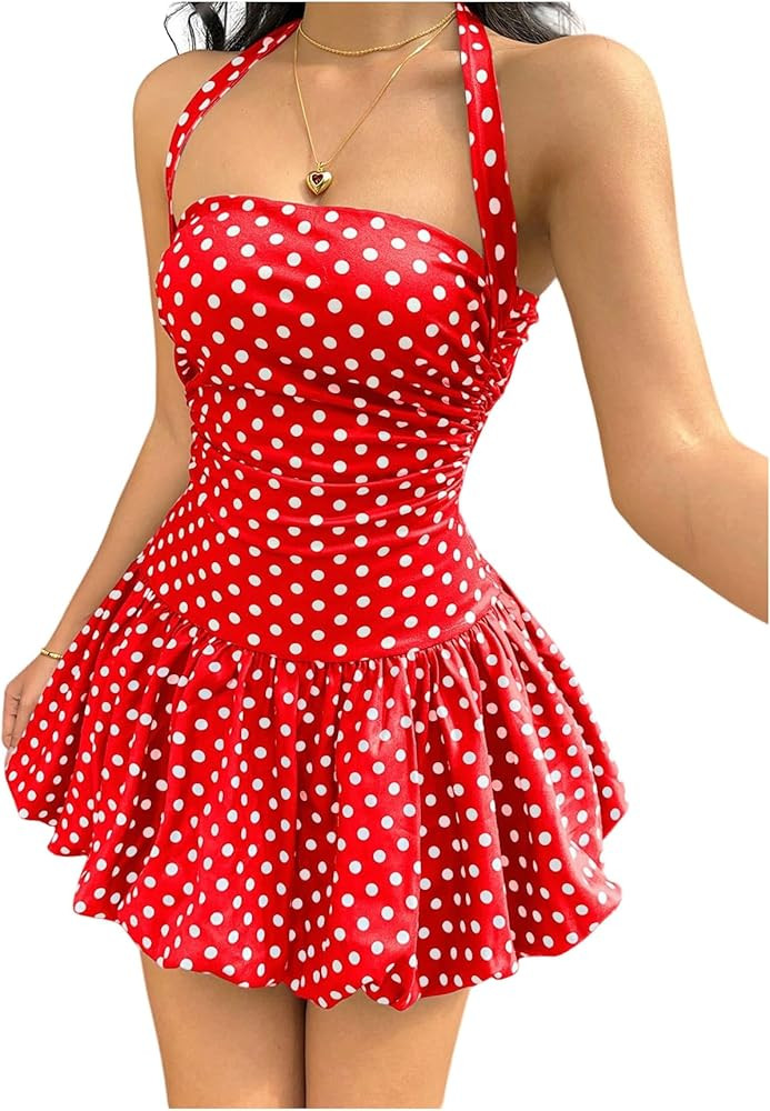 GORGLITTER Women's Polka Dots Halter Mini Dress Y2K Vintage Classy Open Back Ruched Puff Ruffle B... | Amazon (US)