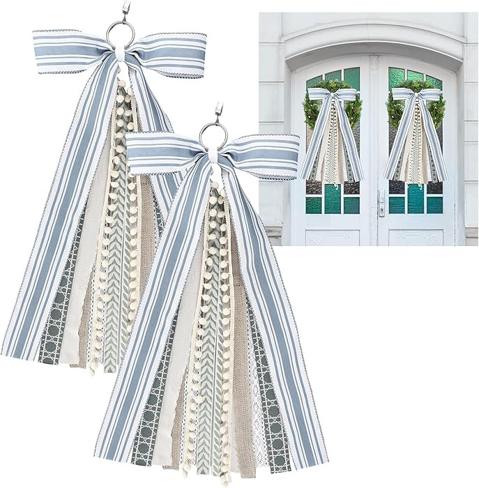 2 Pcs Spring Grayish Blue and Ivory Ribbon Bow for Wreath Large Wreaths Ribbon Bundle Assorted Sa... | Amazon (US)
