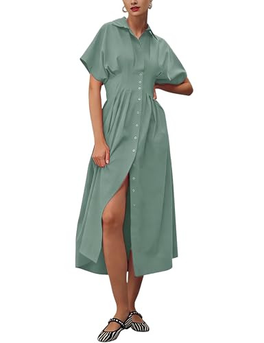 Yeokou Shirt Dress for Women Summer Casual Short Sleeve Button Down Loose Pleated Maxi Sundress w... | Amazon (US)