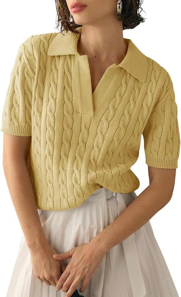 Imily Bela Women's Cable Short Sleeve Sweaters Tops Solid Lapel V Neck Knit Casual Soft Pullover ... | Amazon (US)