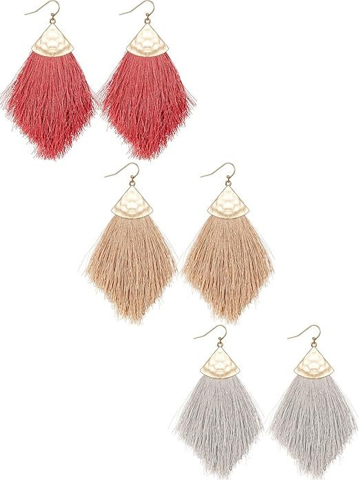 3 Pairs Bohemian Feather Tassel Drop Earrings Boho Silky Thread Fringe Hook Earrings Statement Dr... | Amazon (US)