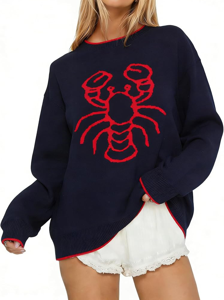 Graphic Sweaters for Women Lobster Graphic Pullover Knitted Sweater Vintage Crewneck Sweatshirt C... | Amazon (US)
