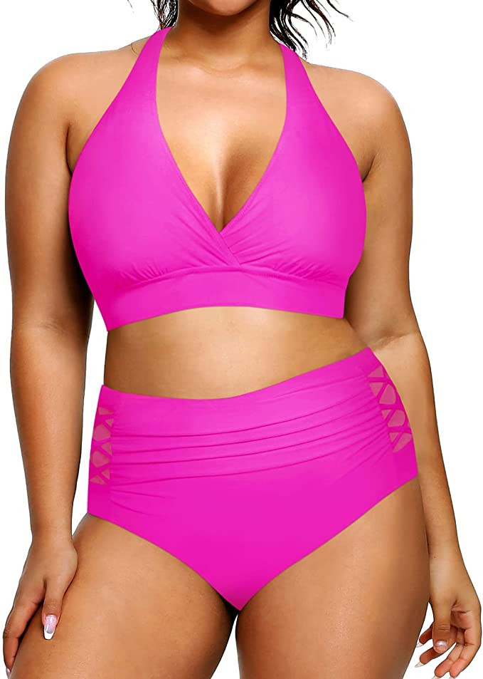 Yonique Womens Two Piece Plus Size Halter Bikini Swimsuits Tummy Control Bathing Suits High Waist... | Amazon (US)