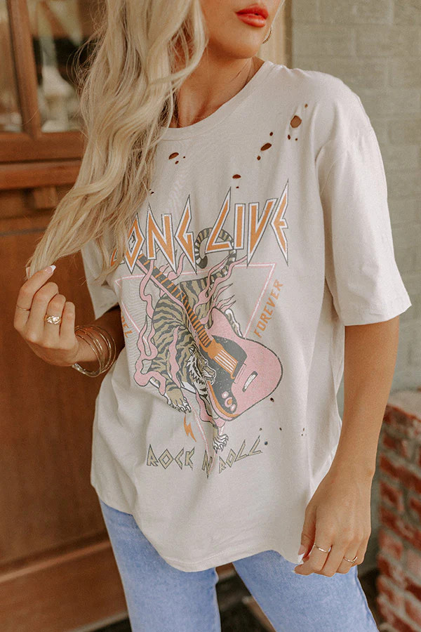 Long Live Distressed Tee In Light Beige | Impressions Online Boutique
