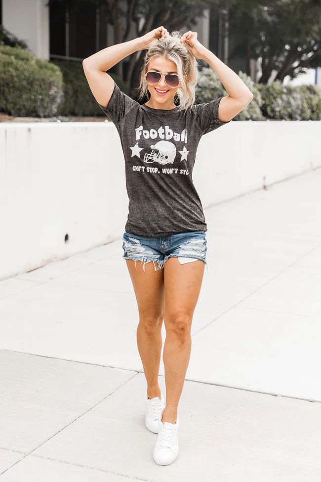 Football Can't Stop Won't Stop Black Acid Wash Graphic Tee | Pink Lily