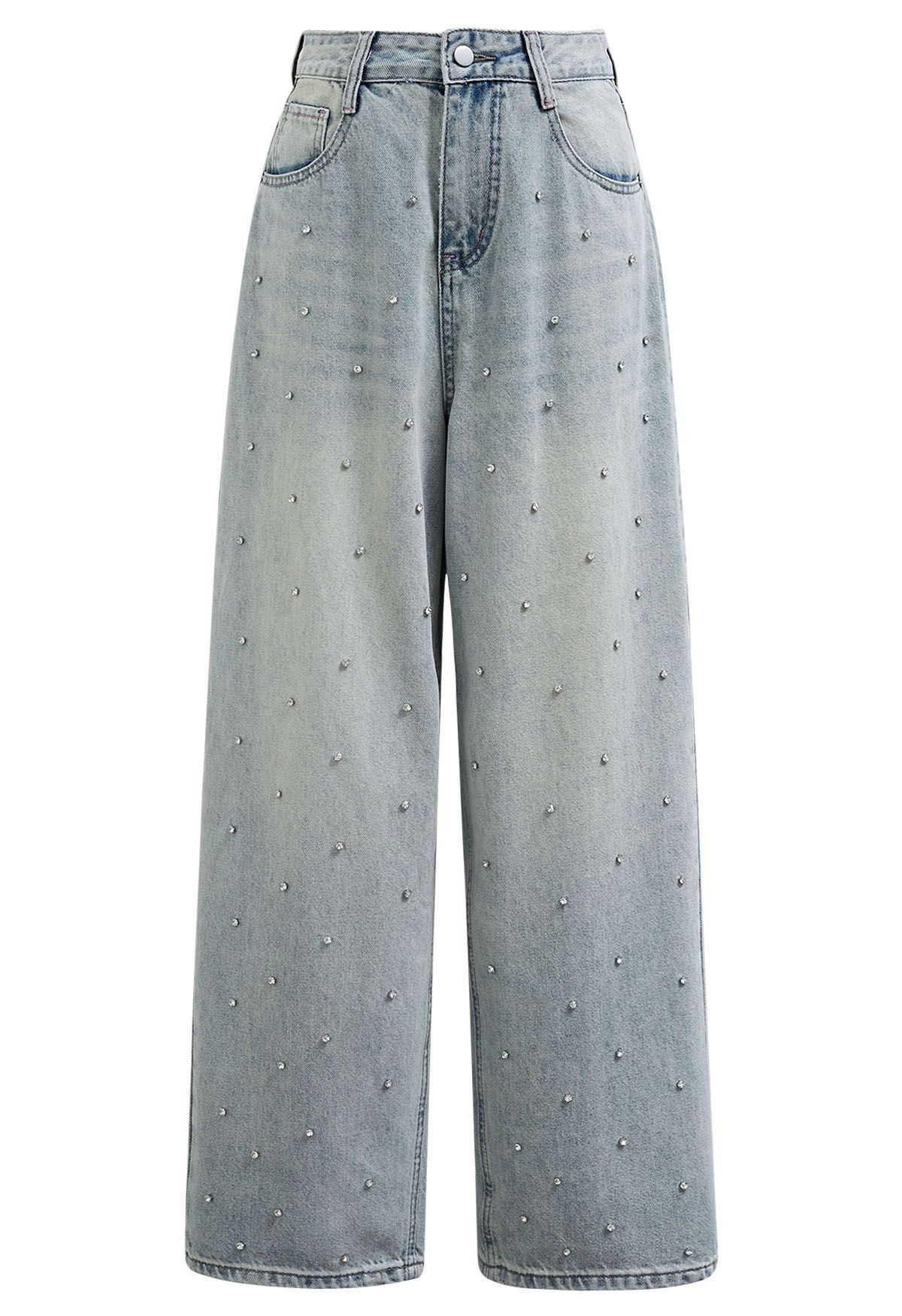 Rhinestone Embellished Straight-Leg Jeans | Chicwish