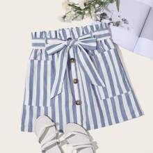 Paperbag Waist Patch Pocket Belted Striped Skirt | SHEIN