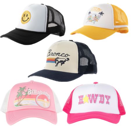 Trucker hats for summer 

Billabong, howdy, bronco, smiley face hat, baseball cap, summer, spring break, vacation 

#LTKFind #LTKswim #LTKU