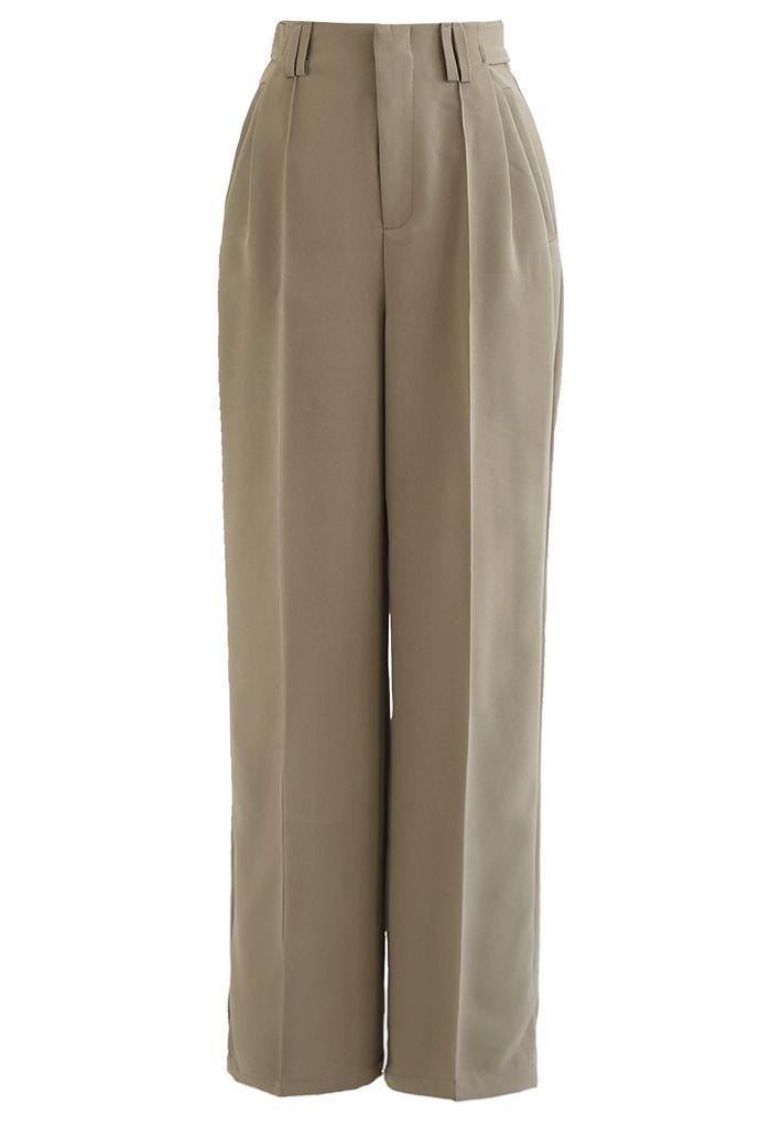 Simplicity Buttoned Waist Straight-Leg Pants in Khaki | Chicwish