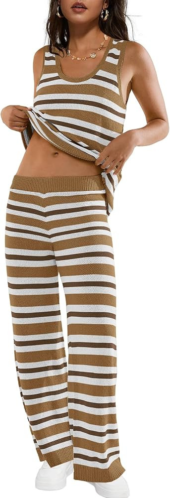 LAMISSCHE Womens Loungewear Set Oversized 2 Piece Outfits Striped Sweater Set Tank Top and Wide L... | Amazon (US)