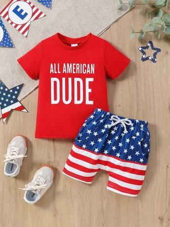 Independence Day Baby Boys' Letter Print Short Sleeve T-Shirt & Star Stripe Drawstring Shorts Cas... | SHEIN